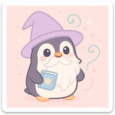 playful penguin wizard with long beard, oversized hat, spellbook, surrounded by magical effects, charming and whimsical sticker