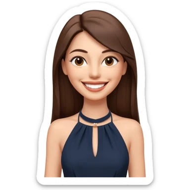 emoji-style illustration of a stylish pretty big smile woman with long straight brown hair, wearing a dark halter neck dress, elegant and chic slayed look, front-facing, soft 3D cartoon rendering, plain background sticker