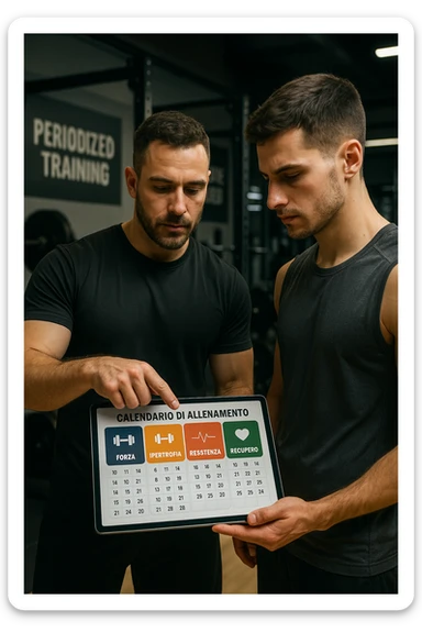 realistic cinematic photo a personal trainer and a client stand in a modern gym, reviewing a large, color-coded training calendar or chart on a tablet. The calendar shows different phases (Forza, Ipertrofia, Resistenza, Recupero) with icons and dates. Around them, gym equipment and motivational posters reinforce the idea of structured, periodized training. in italiano sticker