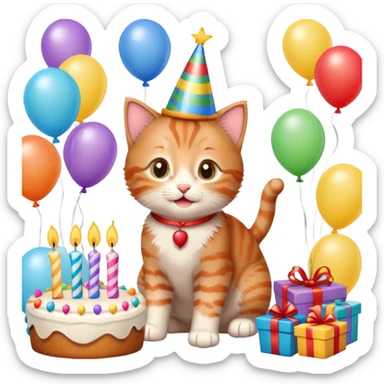 Ginger tabby kitten celebrates birthday, birthday hat, birthday cake, one candle, balloons, happy, gifts sticker