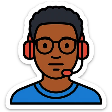 Add a headset to the young African man with eye glasses, keep the original style and transparent background. sticker