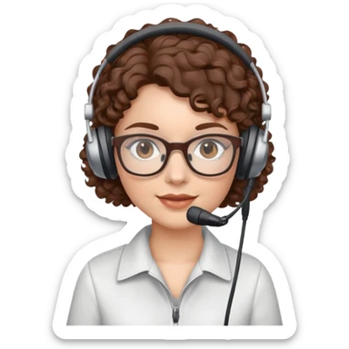 White female  Brown curly hair  Dark brown eyes  Small Square glasses  Headset with microphone sticker