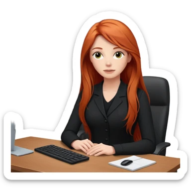Video call therapy session: red-haired therapist with long hair wearing black minimalist clothing, seated in a professional home office, looking at the webcam; calm, modern teletherapy setting sticker