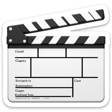 Minimalist closed clapperboard in black and white, straight geometric lines, iOS emoji design with zero unnecessary details sticker
