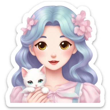 Gorgeous pastel anime style lady with blushing face and holding a kitten cottagecore fairycore pastelcore colorful pearly romantic simplistic aesthetic trending style sticker