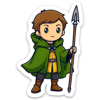 Rudeus Greyrat from Mushoku Tensei, green eyes, short light brown hair, wearing adventurer's outfit with a green cloak, holding a staff, confident and curious expression sticker