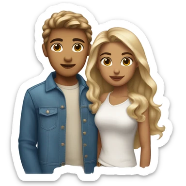 5’2 medium build latina with brown hair and eyes  with a 5’11 buff white boy with dirty blonde hair and blue eyes kissing sticker