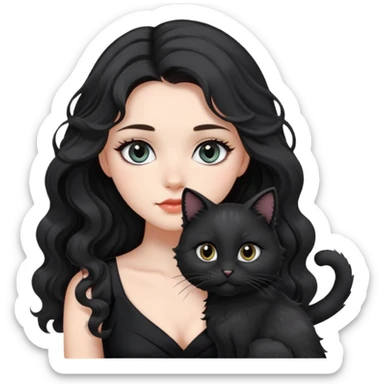 a beautiful girl with long black hair and black furry cat. She is wearing a black dress and has wave-like hair. bigger eyes and the distance between left&right eyes is closer. color of eyes are grey, no cat ears sticker