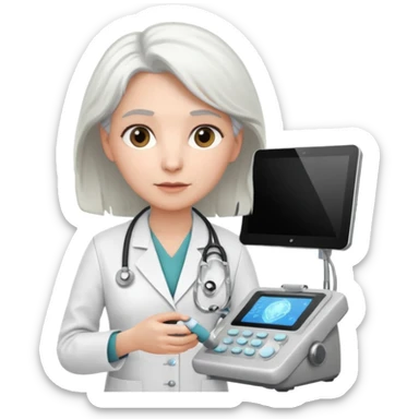 white haired female doctor working an ultrasound machine sticker