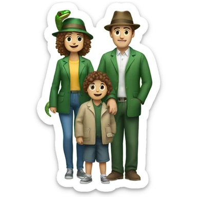 Family, mum with brown bob hair and a PhD hat, dad with brown kind of curly hair, mum holding a girl baby, dad holding a green snake on his shoulder sticker