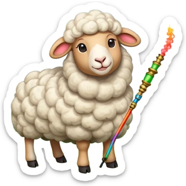 A fluffy sheep with a serene expression, grazing on a lush green meadow, holding a colorful hookah with smoke swirling around, under a bright sunny sky with a few fluffy clouds. sticker