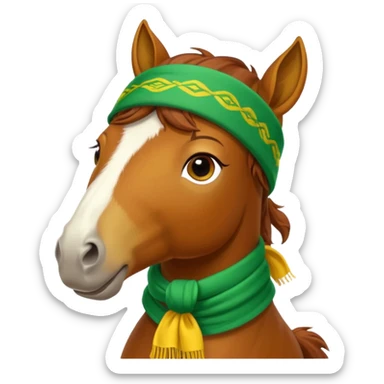 a fabulous funny winter horse in a green bandana hat with a yellow scarf sticker