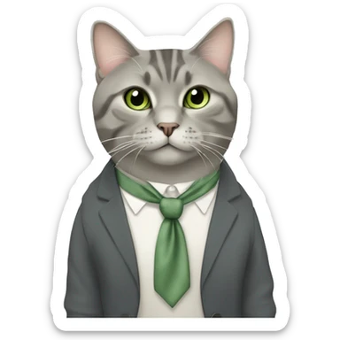 Aesthetic fat grey tabby British short hair full body cat with sage green bow tie sticker