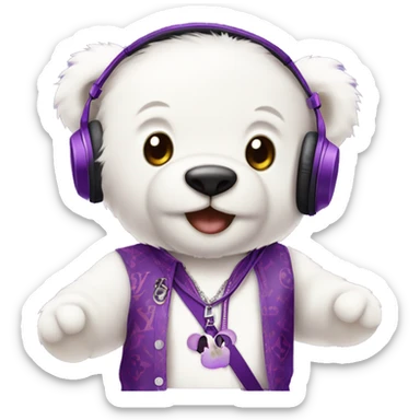 cute white teddy bear wearing a purple Louis Vuitton shirt with purple headphones that has a small cherry symbol  sticker