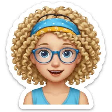 blond kid with unique face features and very curly hair kid girl happy and big glasess and big nose and very blue eyes and headband with freckles sticker