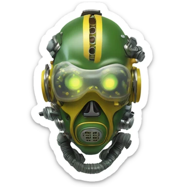 Green skin cyborg head with dark yellow Mohawk, white respirator mask and circuitry sticker