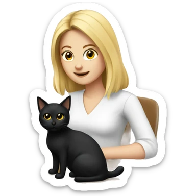 A medium haired blonde girl designing with a computer, with a black cat  sticker