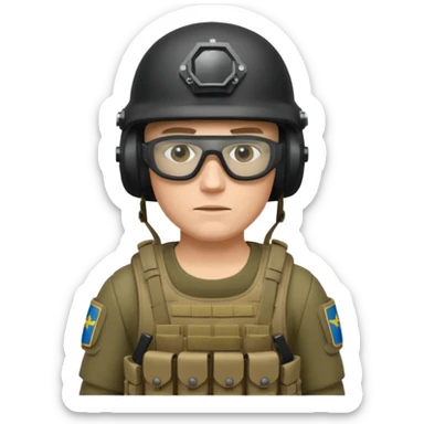 Ukrainian intelligance agency warrior man in platecarrier with nato riffle in helmet and ballistic glasses sticker