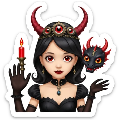 Lavish black evening gown with see-through gloves, Jenna Ortega as Addams woman wearing a steampunk mini tiara, very large blood red evil-looking horned old dragon evil eyes  sticker
