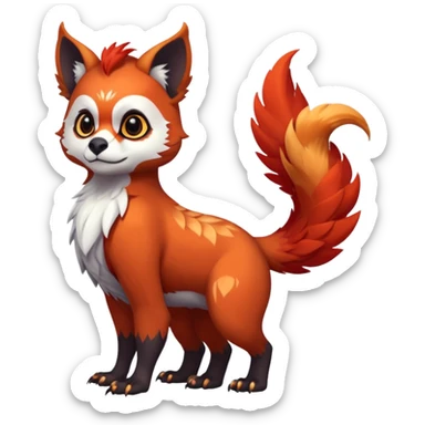 A beaked beaky 4-legged, feral, digitigrade, lanky, elegant, Gryphon-Griffin-Griff-Avian-hybrid, with Red-Panda-colors and markings, full body, cute, realism, with a long thin tufted tail, hyper-realistic  sticker