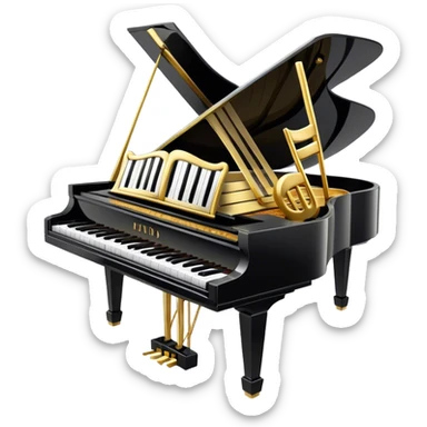 Create an elegant and festive emoji collage representing keyboard instruments, styled like a heraldic emblem. The design should feature a central focal point of black and white piano keys, arranged in a semi-circular or shield-like shape. Around the piano keys, add intertwining musical notes that form flowing ribbons, creating a dynamic and celebratory atmosphere. The design should be professional, with polished silver and gold accents on the keys and notes, highlighting the luxury and sophistication of the instruments. Add subtle shading and lighting effects to give the design a refined, 3D appearance. The background should remain transparent, and the overall feel should evoke grandeur, artistry, and a sense of celebration. sticker