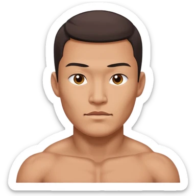 A standing buff shirtless asian guy with a really square jawline. Make his jawline extremely square and exaggerated. Also give him a middle part haircut. Give him a block square head sticker