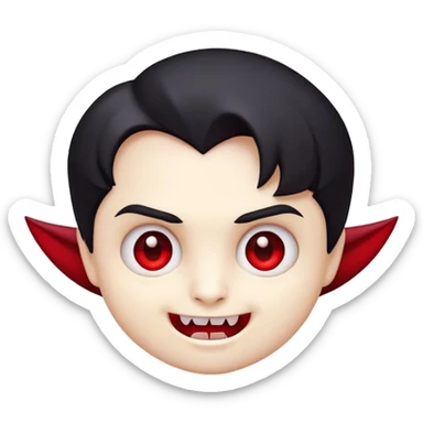 Cinematic Cute Vampire Portrait Emoji, with a refined yet playful small, rounded pale face accented by tiny, cute fangs and bright, twinkling eyes, sporting miniature elegant dark attire with a hint of crimson, simplified yet irresistibly charming, highly detailed with a soft glowing outline that captures the delightful duality of spooky sweetness and stylish allure! sticker