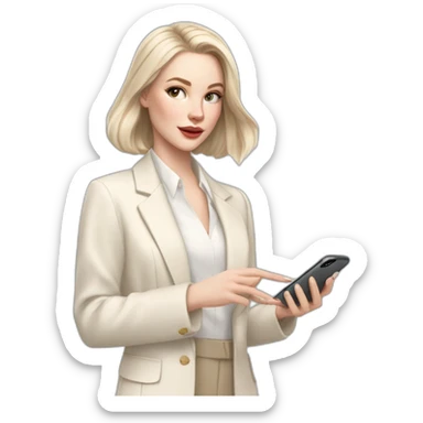 pale skin woman with ash blonde Straightened bob Hair, White Spacious classical jacket, beige palazzo Arrow pants and gray blouse holding white IPhone 15 pro in the hands sticker