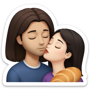 White woman with brown hair with eyes closed kissing forehead of brown man with black hair and a bread with eyes also closed sticker