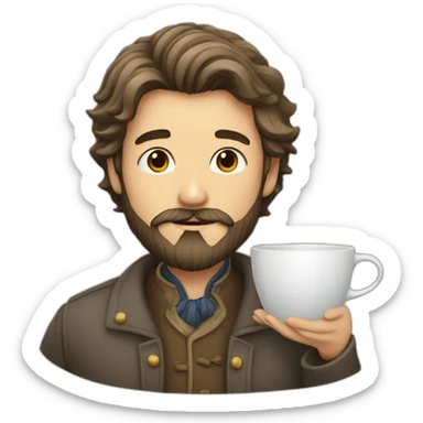 a man with beard drinking tea with a beautiful cup sticker