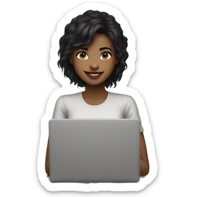 Girl with a wolf cut hair with a laptop smiling black hair white skin tone brown color of eyes tired look but smiling with just lips not curly sticker