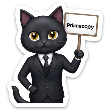 Black Cat in a black business suit holding a sign that says "PrimeCopy" sticker