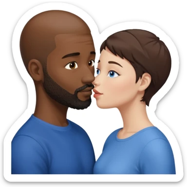 There is a white woman with short brown hair and blue eyes and a black man with no hair and a beard. The woman is giving a kiss to the forehead of the man sticker
