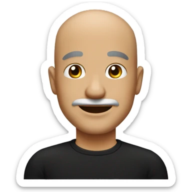 smiling bald men middle age with little mustache wearing black t-shirt sticker