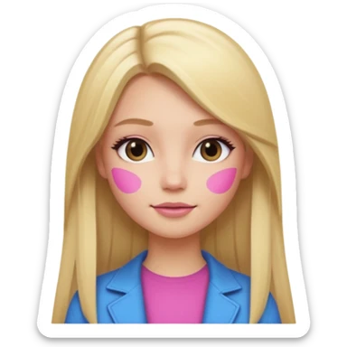 a blonde girl with long straight hair, pretty face, light day makeup wearing pink memoji sticker