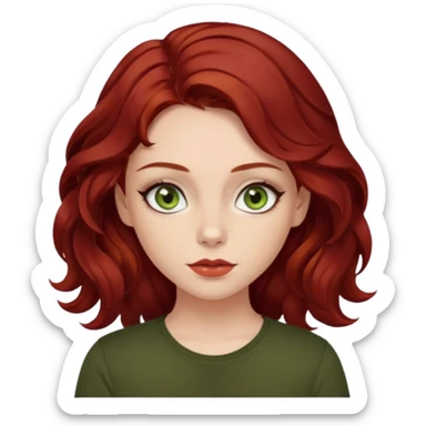 a pretty FAIR bratz girl with wavy dark red hair, wearing a black tee. eyeliner on, olive green eyes.  sticker