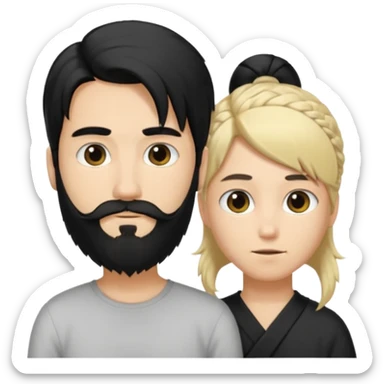 Man with long black hair tied in a tail and beard with a young blond short-haired without a beard sticker