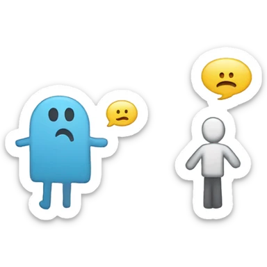 stick figure on the left talking with a speach bubble with sad face and another stick figure on the right talking to them with a speech bubble with a question mark sticker