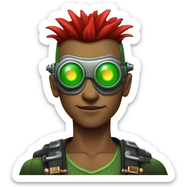 Male cyborg with thin red Mohawk and green steampunk goggles sticker