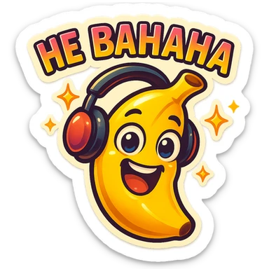 Funny cartoon banana, big happy smiling face, wearing tiny headphones, wide excited eyes, tiny sparkles around, text above: "НЕ БАНАНА ", chibi style, Twitch emoji style, colorful, transparent background sticker