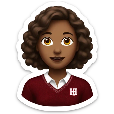 Girl with tannish white skin and brown hair wearing a dark red and white sweater with the Harvard University logo on it sticker
