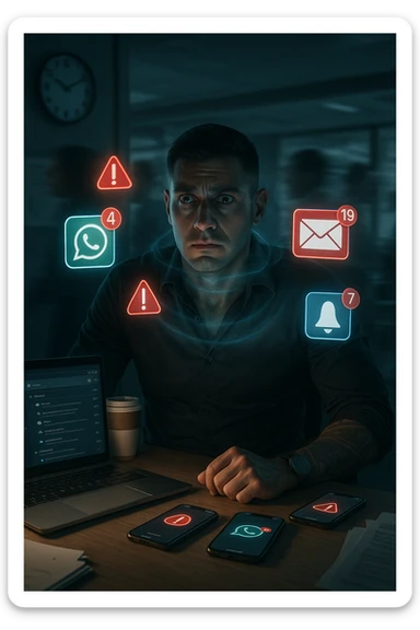 A highly realistic, cinematic portrait of a young man in his early 30s with a tired, tense expression, sitting at his modern office desk surrounded by multiple smartphones with glowing notification bubbles (WhatsApp, emails, alerts) hovering around him like aggressive neon icons. His posture is hunched, shoulders raised, eyes slightly wide, and jaw clenched, representing constant hyper-vigilance and stress. The environment is a cold, cluttered workspace with a laptop displaying endless emails and Slack notifications, coffee cups stacked nearby, and a clock showing late hours, symbolizing the relentless pace of modern work life. Behind him, ghostly blurred figures rush by in a fast-motion effect, representing the constant rush and societal pressure. A faint, tight grey aura wraps around his chest and head, symbolizing blocked breathing and mental tension, while faint blue light tries to push through, representing the body’s desire to find calm. The lighting is harsh and cool, with a 35mm hyperrealistic film style, shallow depth of field focusing on the man’s stressed face and the floating notifications, illustrating the modern trap of always being on alert. sticker