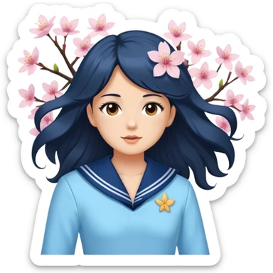  A white girl with a Black long hair, and a baby blue sailor suit, enjoying the spring breeze，Wearing cherry blossoms on your hair sticker
