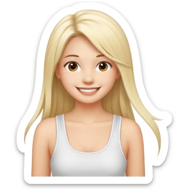 a pretty bratz fair girl with straight long hair, wearing a white noodle strap tank top, smiling sticker