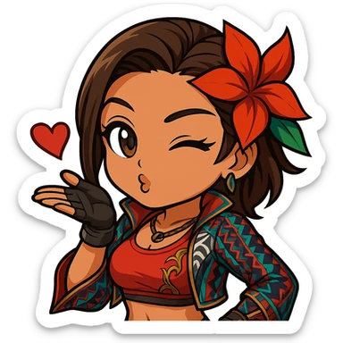 Azucena from Tekken 8 in chibi sticker style, blowing a kiss with a flirty expression, standard Twitch emote, wearing her detailed red and patterned outfit as shown in the reference images. sticker