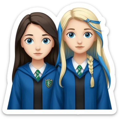 a pretty ravenclaw girl with long dark brown hair and blue eyes standing with a pretty Slytherin girl with long blonde hair, blue eyes sticker
