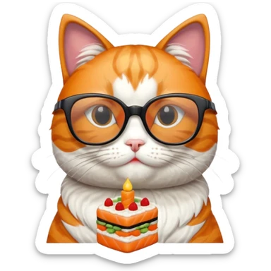 cat with cool thick square shaped glasses eating a birthday cake made out of sushi sticker