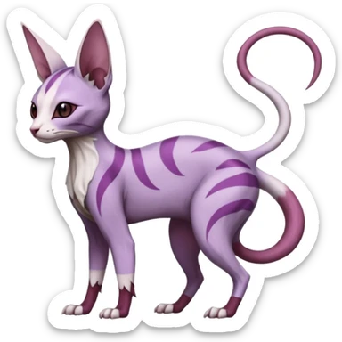 Purple, white, black, Minccino-Sphynx-Lykoi-Linoone-Zangoose-fusion-hybrid-animal-Fakémon-creature, full body, thin long sleek scaly tail, intricate markings sticker