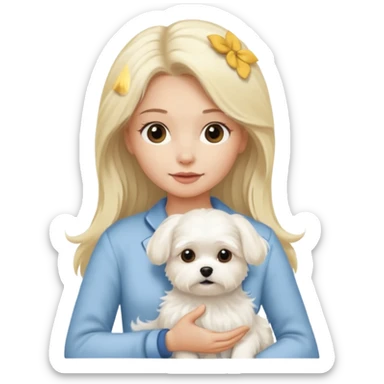 blonde long haired woman holding Maltese dog sticker