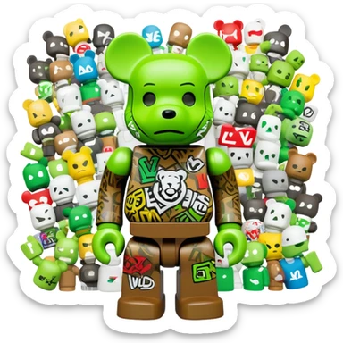 classic bearbrick figure with lime green mask filled with overlapping brand logos in wild graffiti style, street art aesthetic, many random logos like LV, Supreme, Nike all over the mask, bold eyebrows sticker